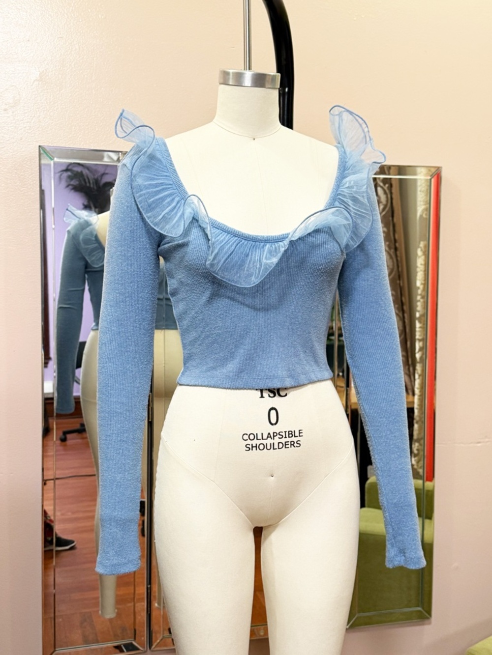 Zara Cropped Knit Top, Light Blue, Long Sleeve, Organza Ruffle Neckline, Size S